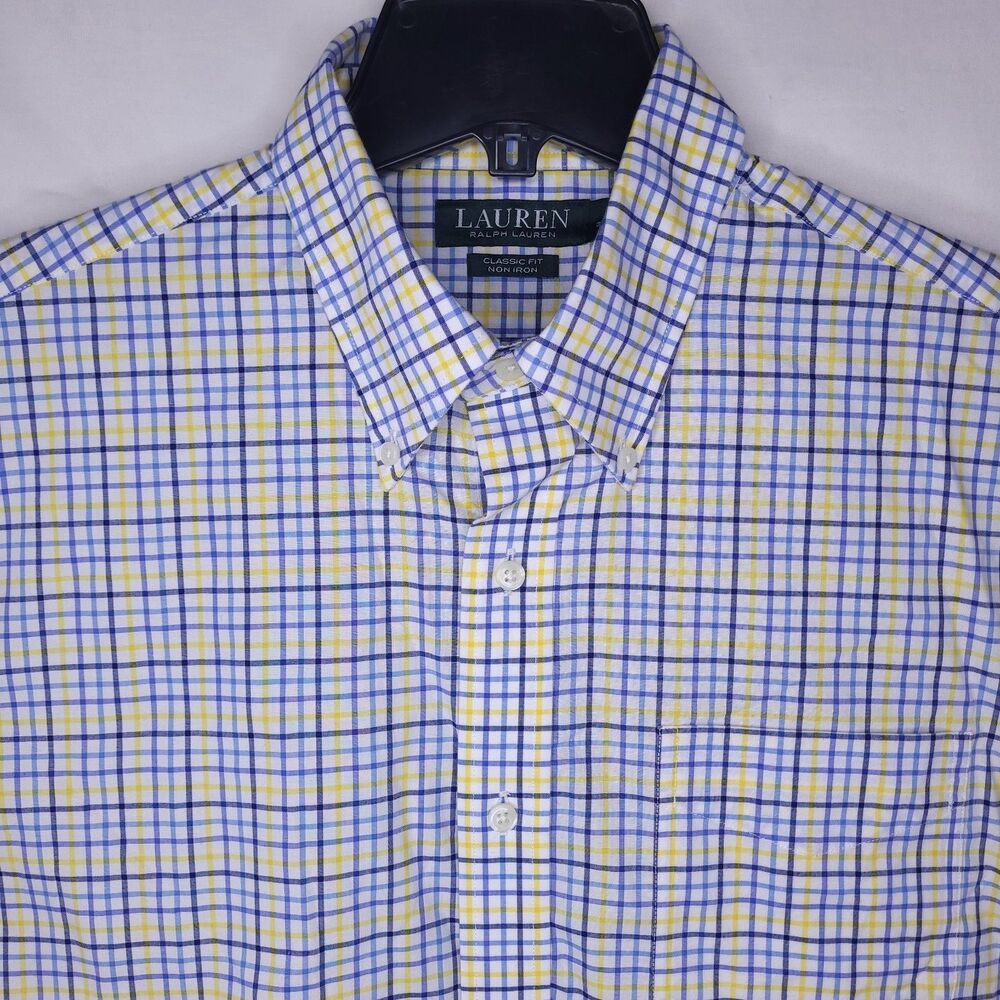 Lauren Ralph Lauren Dress Shirt Mens 16 Check Blue, Yellow 32/33 Classic Fit